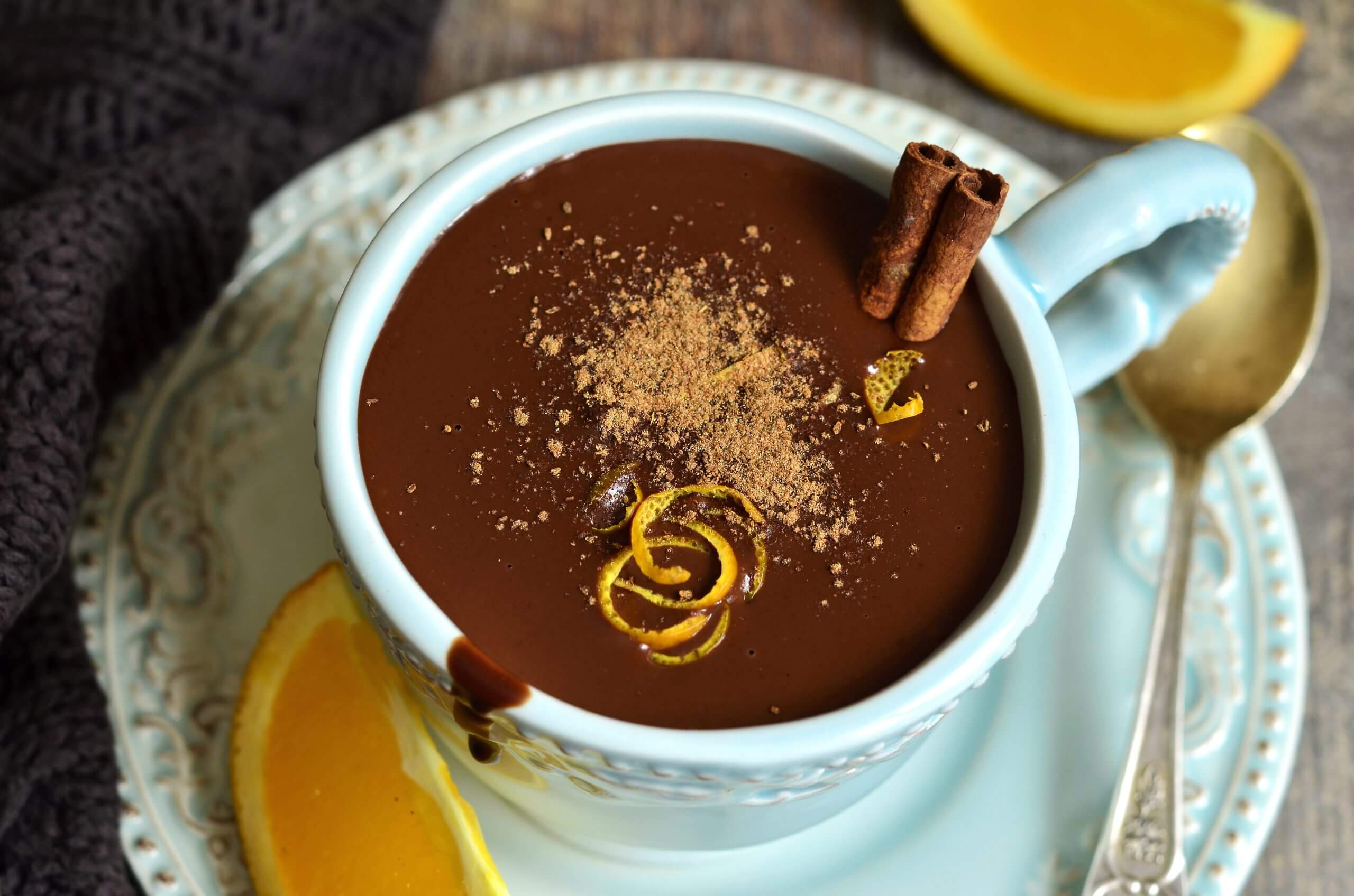 Hot chocolate drink made from cacao, cinnamon, and orange puree